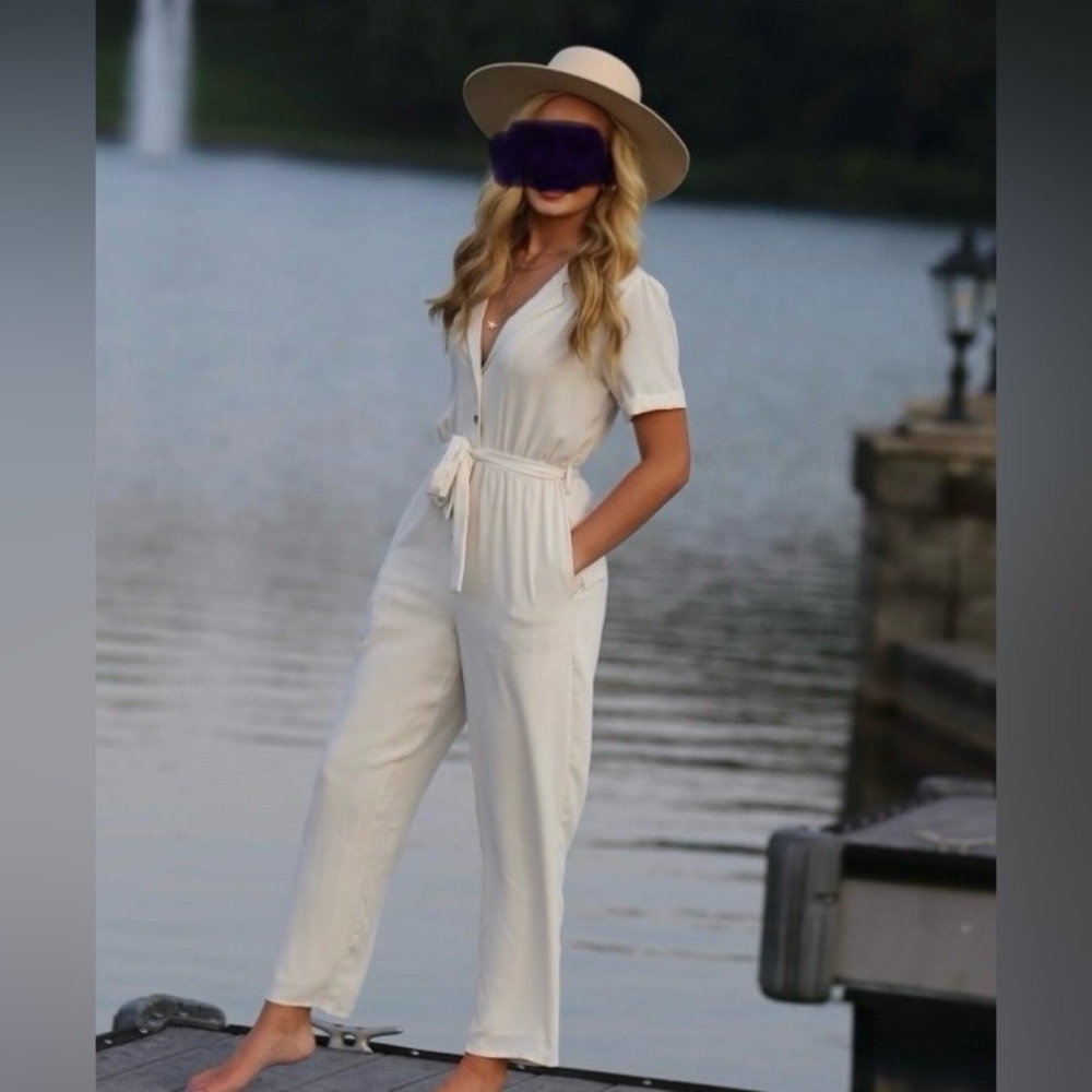 Cream Button-Down Jumpsuit